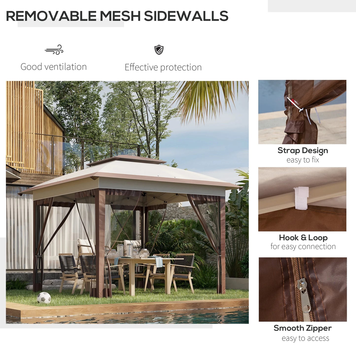 12' X 12' Pop Up Canopy Tent with Netting and Carry Bag,Double Canopy, Instant Sun Shelter with 137 Sq.ft Shade, Tents for Parties, Height Adjustable, for Outdoor, Garden, Patio, Beige and Brown