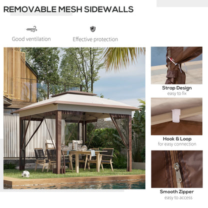 12' X 12' Pop Up Canopy Tent with Netting and Carry Bag,Double Canopy, Instant Sun Shelter with 137 Sq.ft Shade, Tents for Parties, Height Adjustable, for Outdoor, Garden, Patio, Beige and Brown