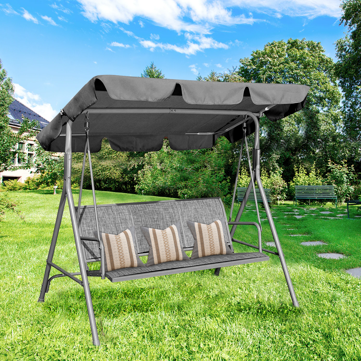 CoPedvic Canopy Porch Patio Swing with Canopy, 3-Seat Steel Outdoor Swing Chair with Stand , Yard swing& Outside swing,Gray