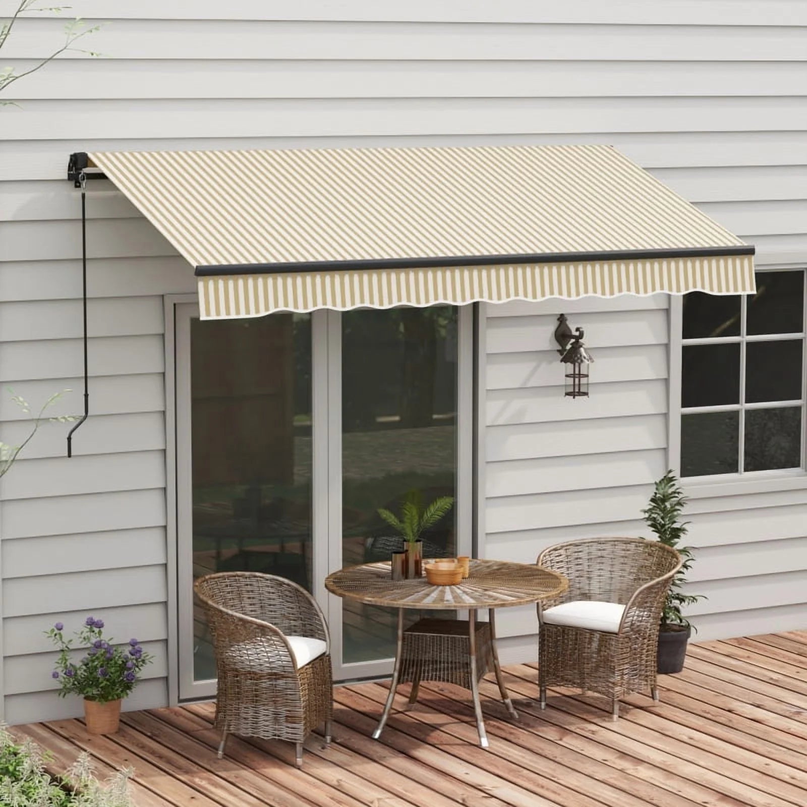 Outsunny 12' x 10' Retractable Awning, Patio Awning Sunshade Shelter with Manual Crank Handle, 280gsm UV Resistant Fabric and Aluminum Frame for Deck, Balcony, Yard, Beige and White On-Site