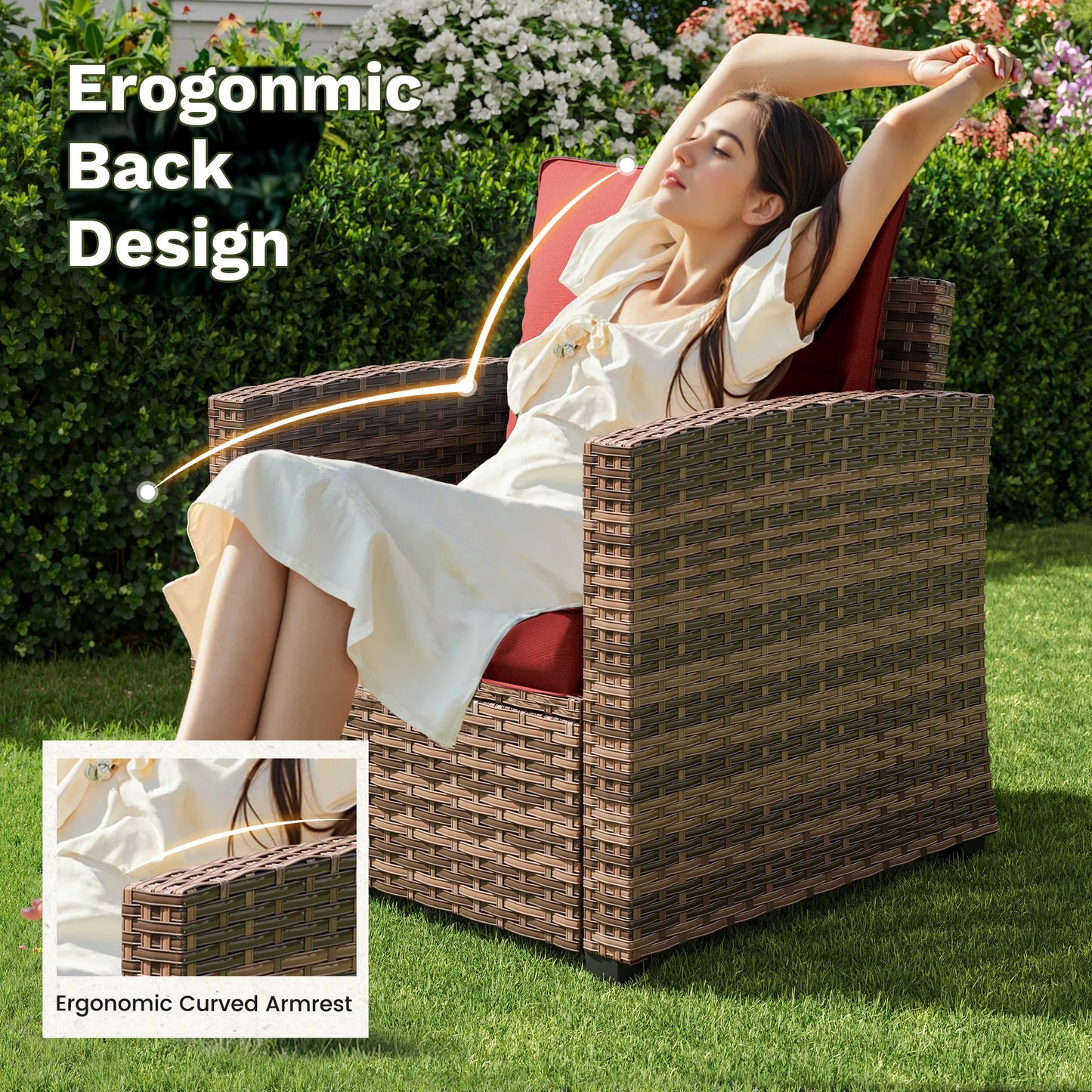 POTEBAN Patio Furniture Set, 7 Pieces Outdoor Sectional Sofa Couch with Chairs, Ottomans and Comfy Cushions, All Weather Wicker Rattan Patio Conversation Set for Garden Backyard Wine Red