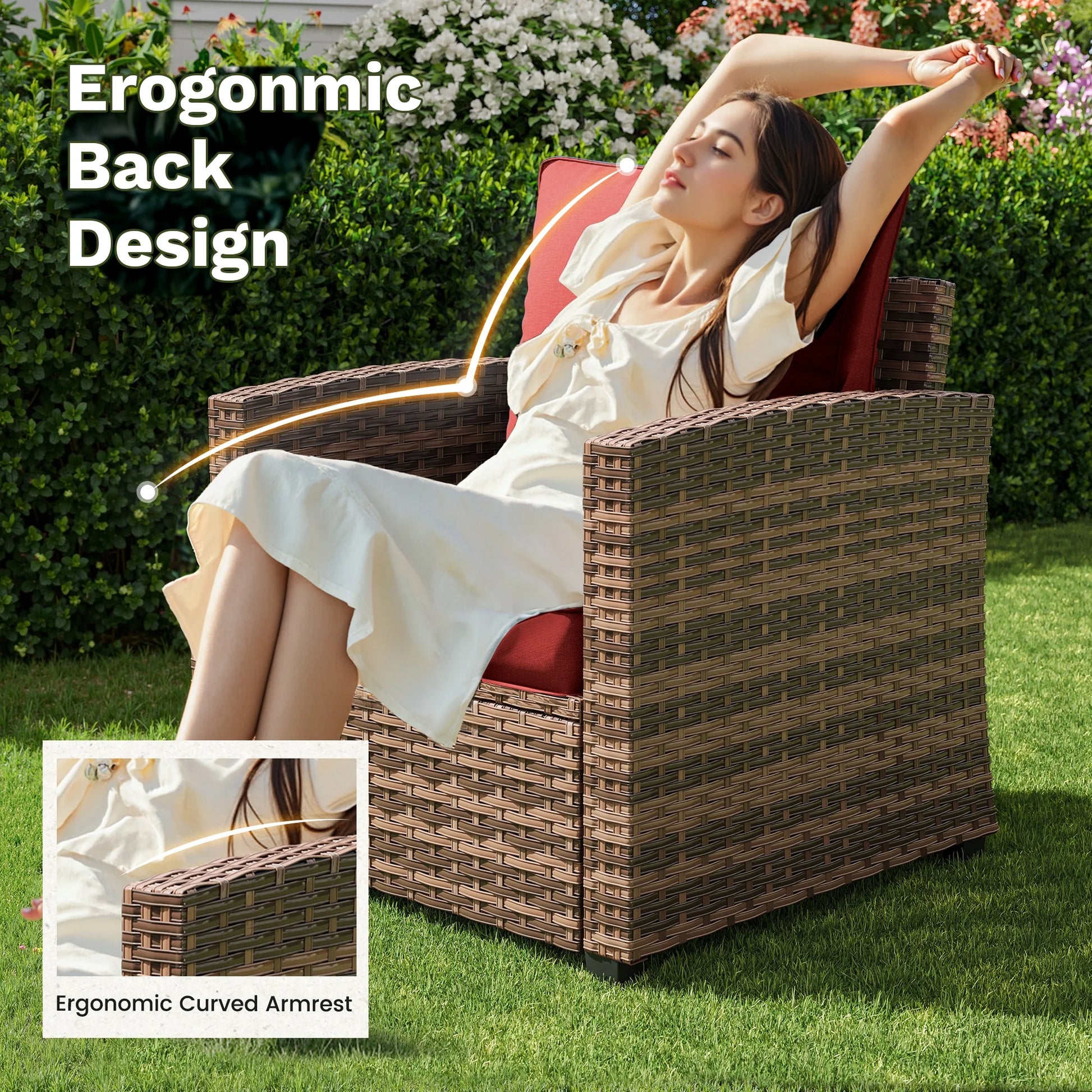 POTEBAN Patio Furniture Set, 7 Pieces Outdoor Sectional Sofa Couch with Chairs, Ottomans and Comfy Cushions, All Weather Wicker Rattan Patio Conversation Set for Garden Backyard Wine Red