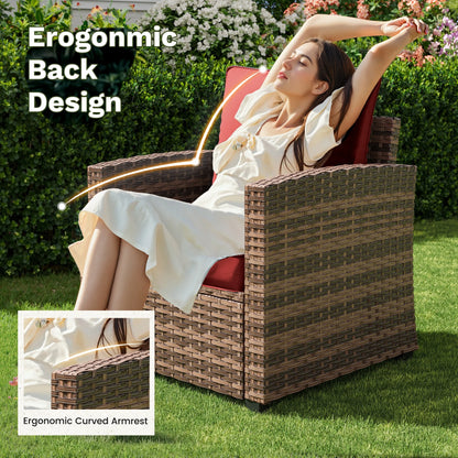POTEBAN Patio Furniture Set, 7 Pieces Outdoor Sectional Sofa Couch with Chairs, Ottomans and Comfy Cushions, All Weather Wicker Rattan Patio Conversation Set for Garden Backyard Wine Red