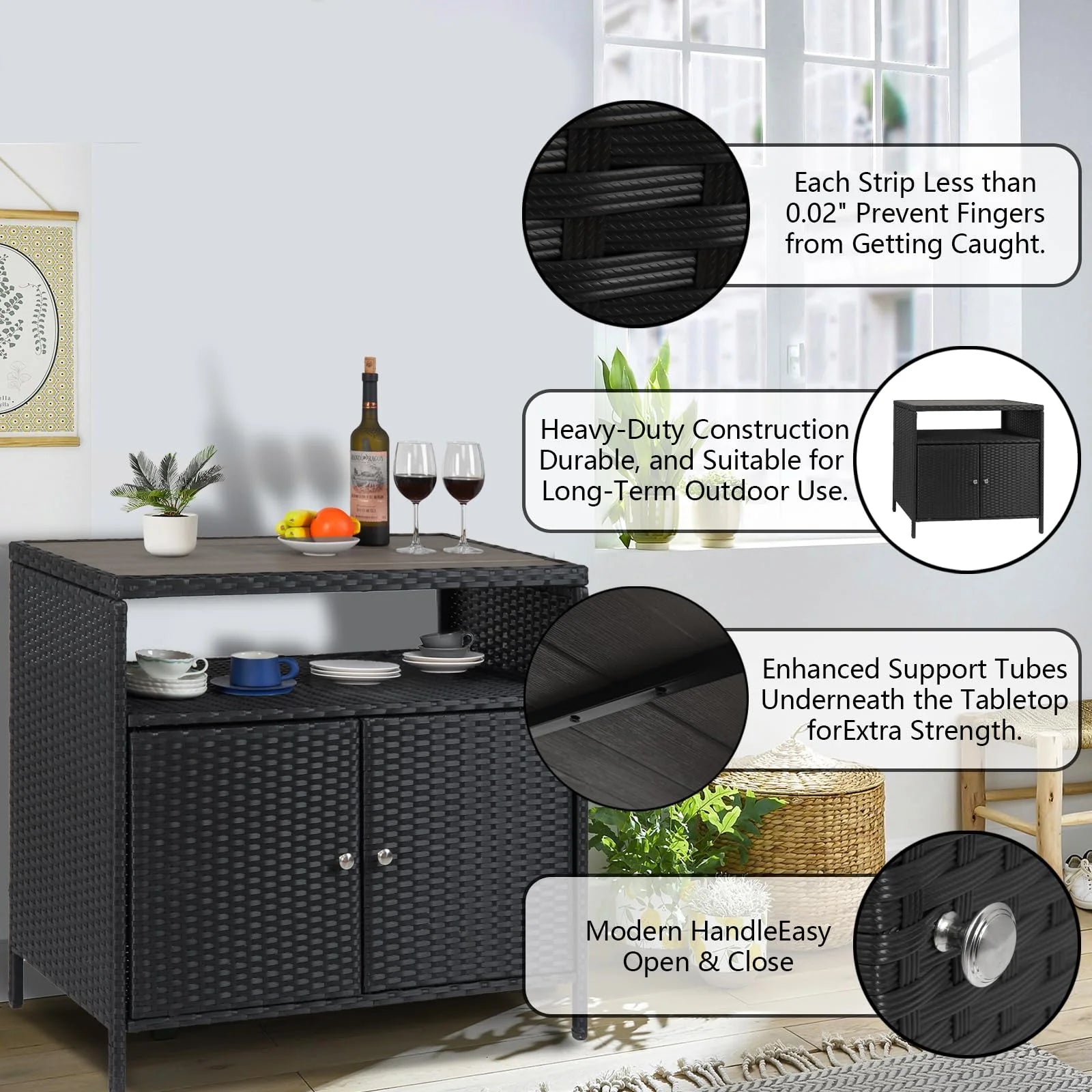 M optimized Patio Outdoor Wicker Storage Cabinet with Shelf, Patio Bar Table with 2-Door and Shelf, All Weather Resin Wicker, Patio Pool Garden Kitchen