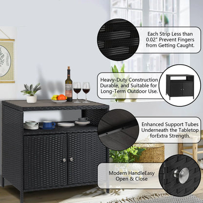 M optimized Patio Outdoor Wicker Storage Cabinet with Shelf, Patio Bar Table with 2-Door and Shelf, All Weather Resin Wicker, Patio Pool Garden Kitchen