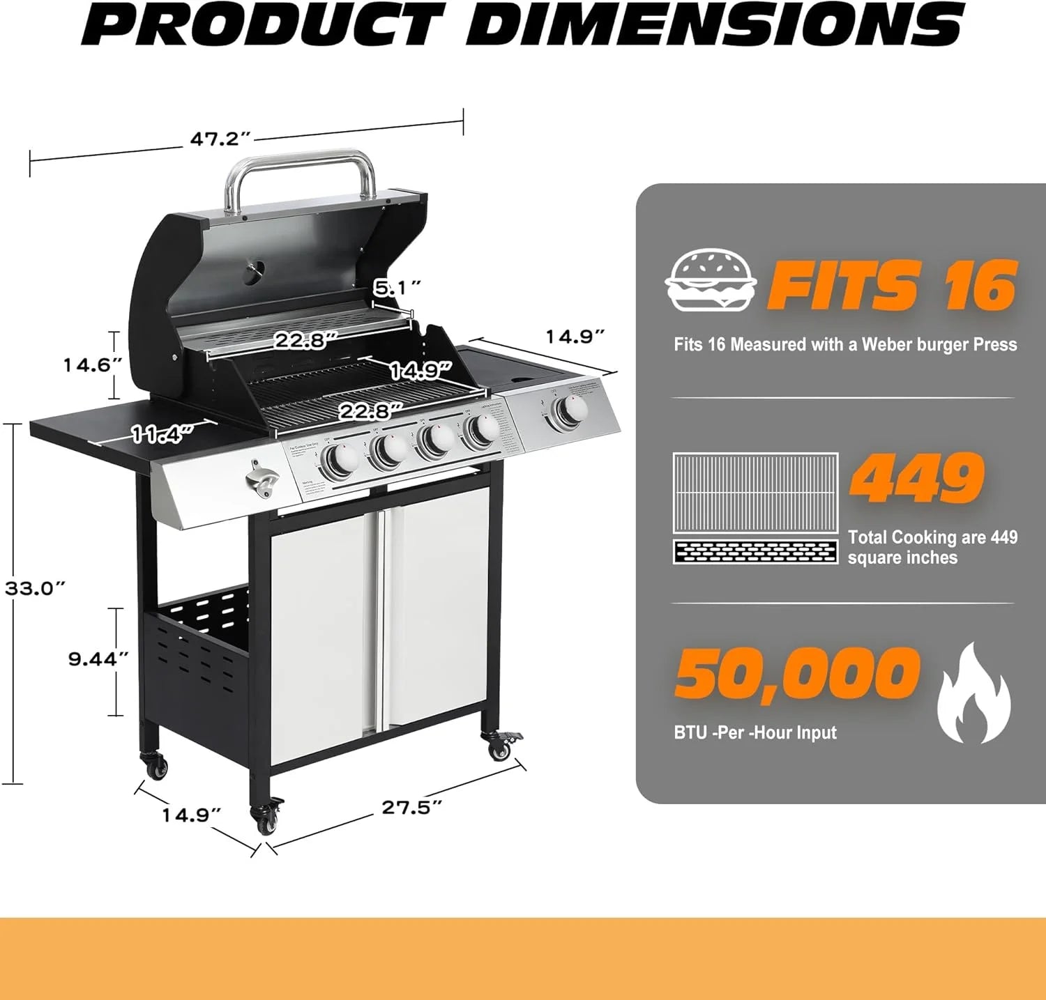 Haverchair 4-Burner Gas BBQ Grill, Cast Iron Barbecue Gas Grill with Side Burner and Bottle Opener for Outdoor Patio Garden Picnic Backyard Cooking, 50,000BTU Black