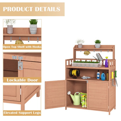 GUTALOR Outdoor Potting Bench Table, Wooden Garden Planting Workstation with Large Storage Cabinet & Top Shelf for Gardening, Patio, or Backyard Use