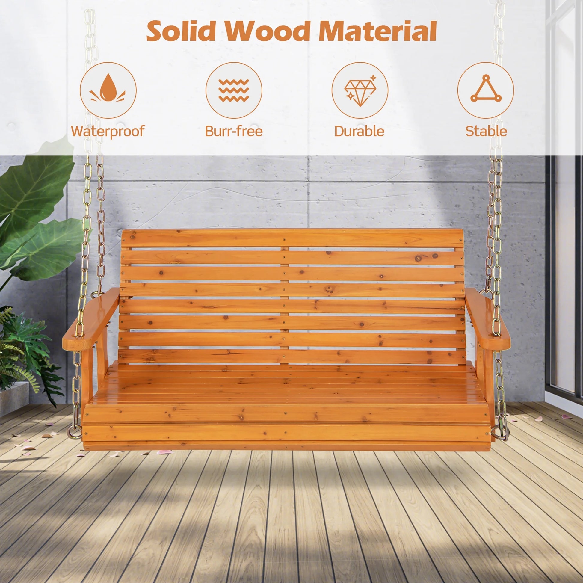 Costway Porch Swing Wood Outdoor Patio Hanging Bench Chair for Garden Backyard orange