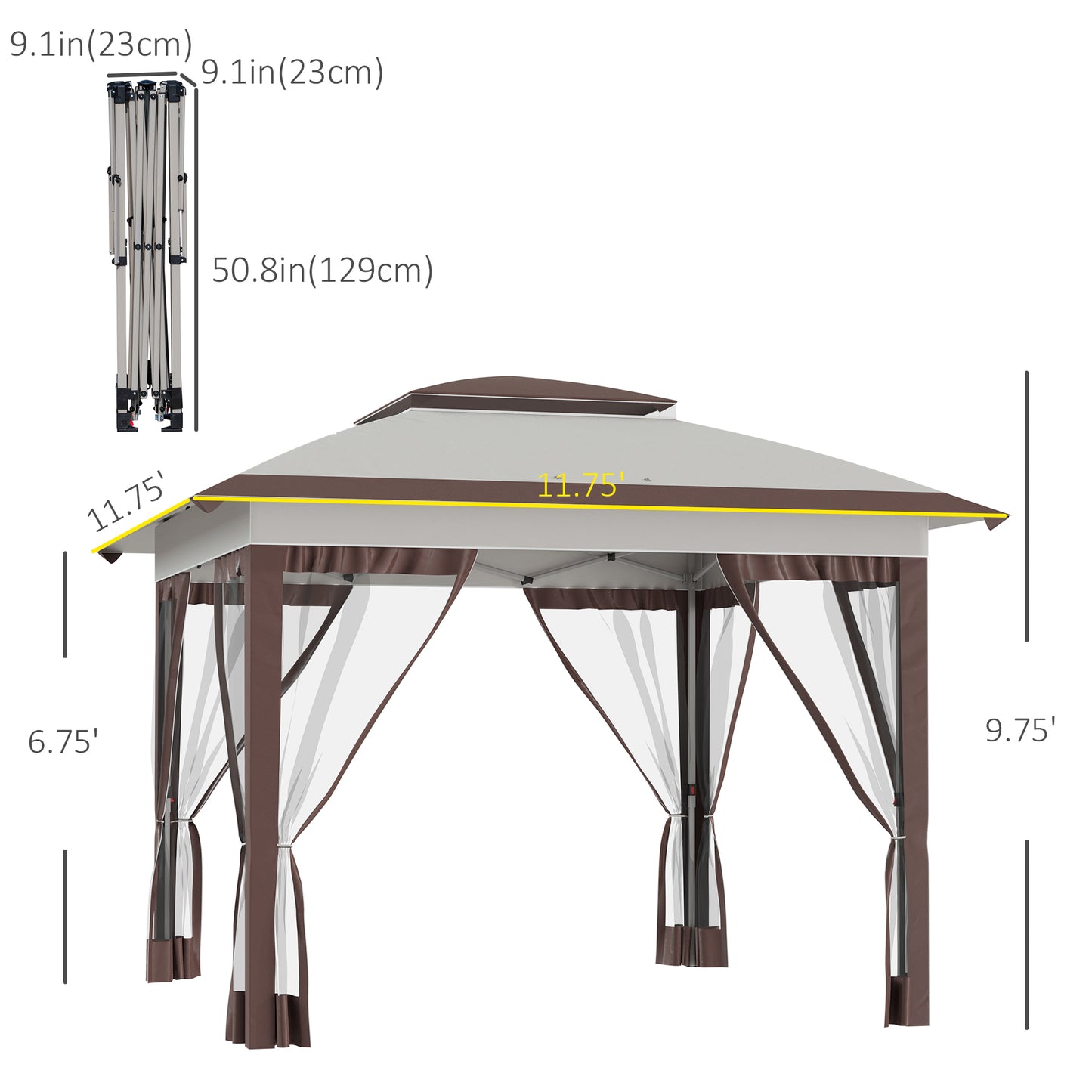 12' X 12' Pop Up Canopy Tent With Netting And Carry Bag, Instant Sun Shelter With 137 Sq.Ft Shade, Tents For Parties, Height Adjustable, For Outdoor, Garden, Patio, Beige And Brown