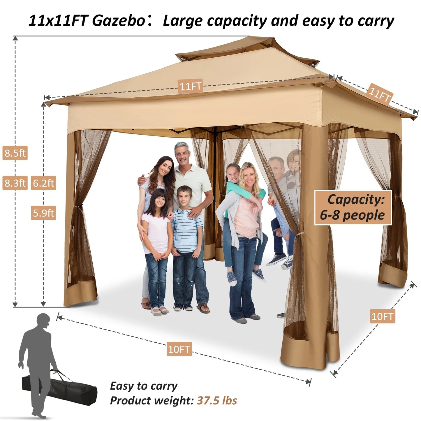 SANOPY 11 x 11 ft Outdoor Patio Gazebo with Ventilated Double Roof and Mosquito Net, Pop up Steel Canopy for Patios, Backyard, Garden and Beach