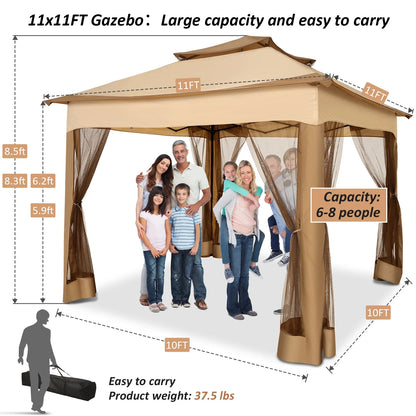 SANOPY 11 x 11 ft Outdoor Patio Gazebo with Ventilated Double Roof and Mosquito Net, Pop up Steel Canopy for Patios, Backyard, Garden and Beach