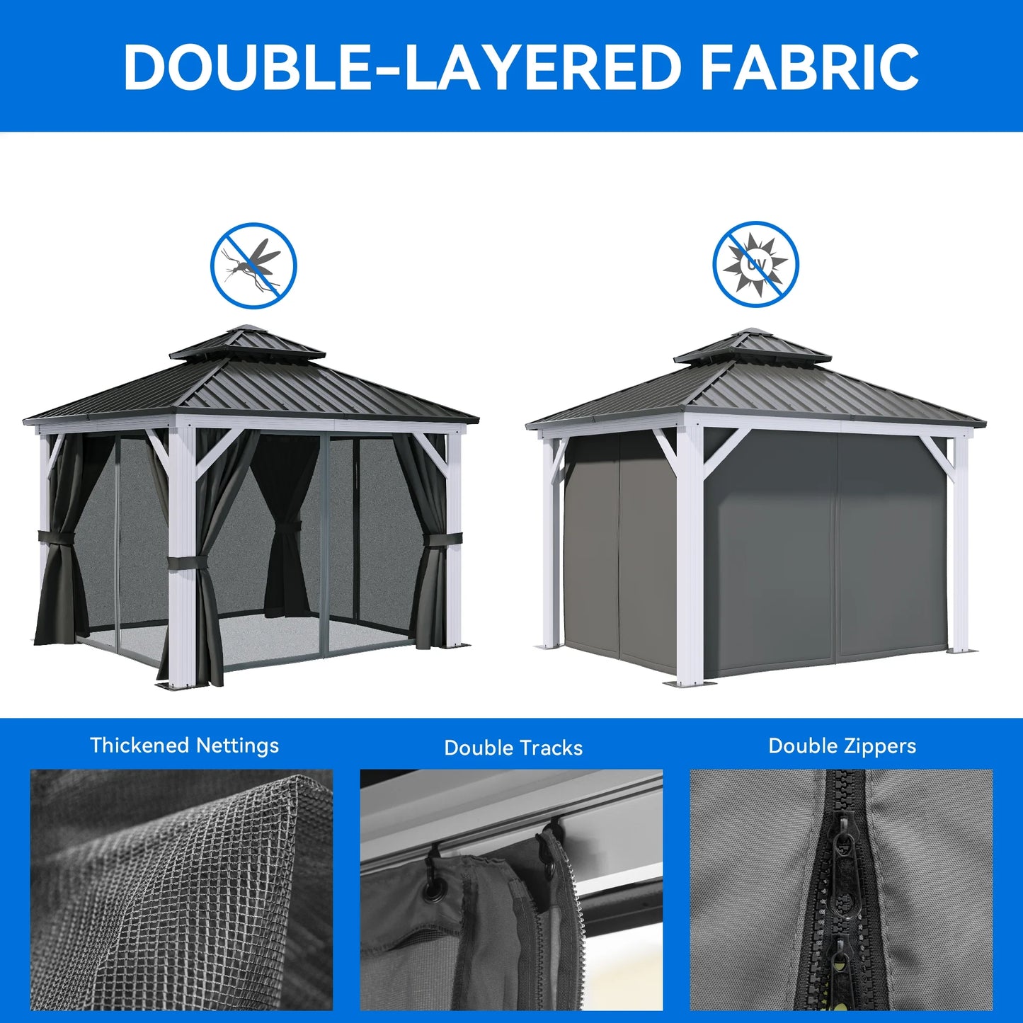Dextrus 10x12ft Double Roof Hardtop Gazebo with Netting& Curtains, Double Galvanized Iron Aluminum Frame Outdoor White Gazebo,Ideal for Patio, Backyard,Deck and Lawns,Grey Curtain