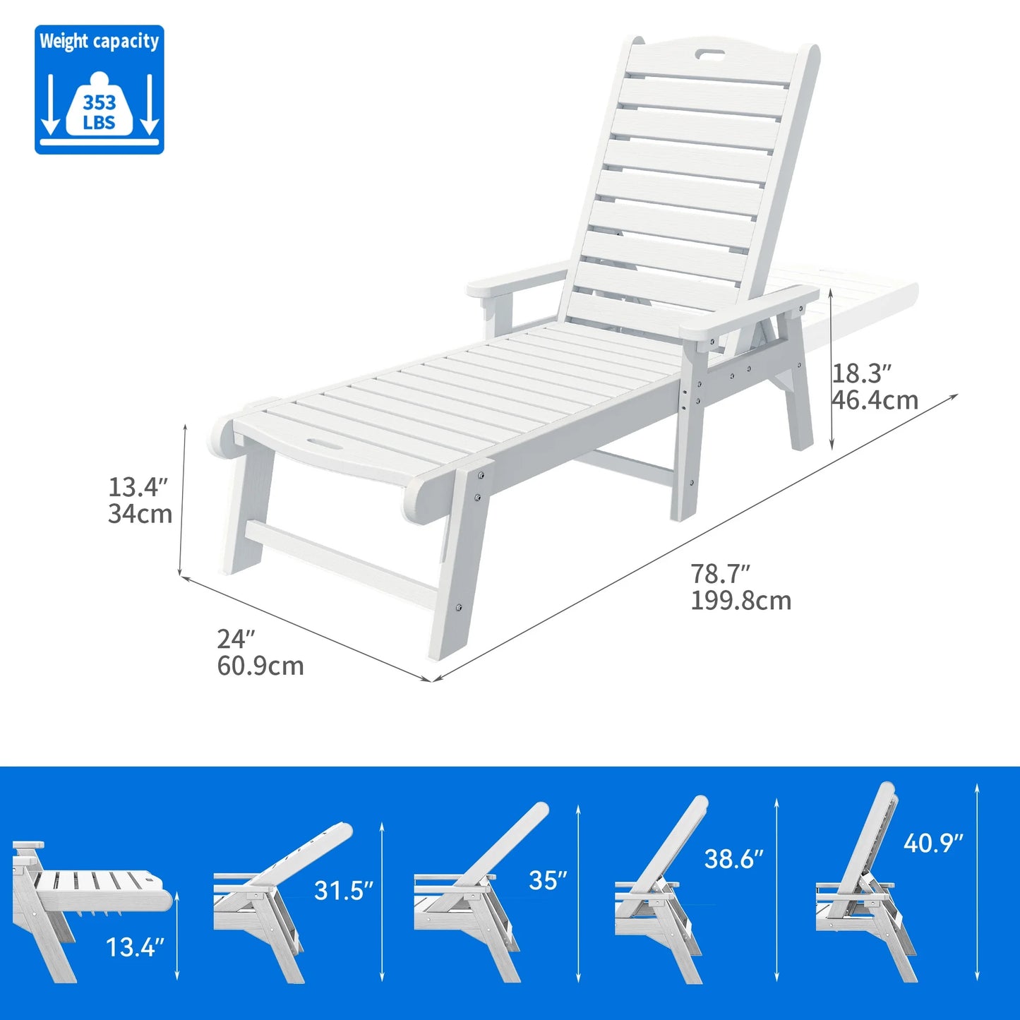 Dextrus Outdoor Chaise Lounge Chair with Wide Armrest and Adjustable Backrest, Waterproof Resin Patio Lounger with 350lbs Capacity