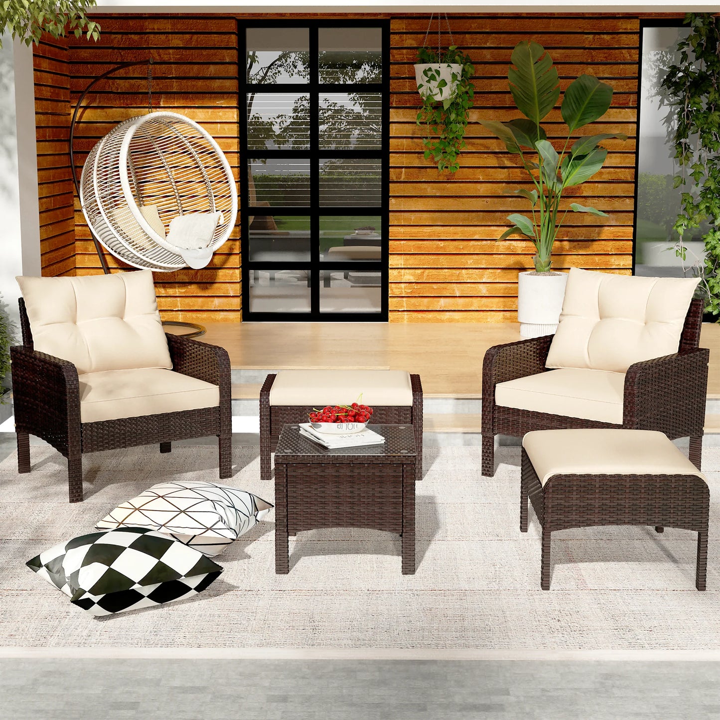 AECOJOY 5 Piece Patio Furniture Set Rattan Wicker Chair with Table Ottoman Patio Conversation Set for Porch in Beige