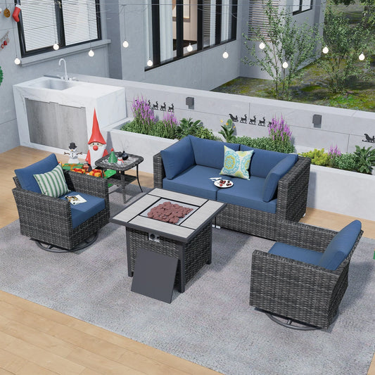 Ovios 6 Pieces Outdoor Patio Furniture with 30 inch Fire Pit Table All Weather Wicker Conversation Set with 360° Swivel Chair for Porch