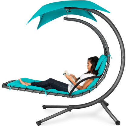 Best Choice Products Hanging Curved Chaise Lounge Chair Swing for Backyard, Patio w/Pillow, Shade, Stand - Teal
