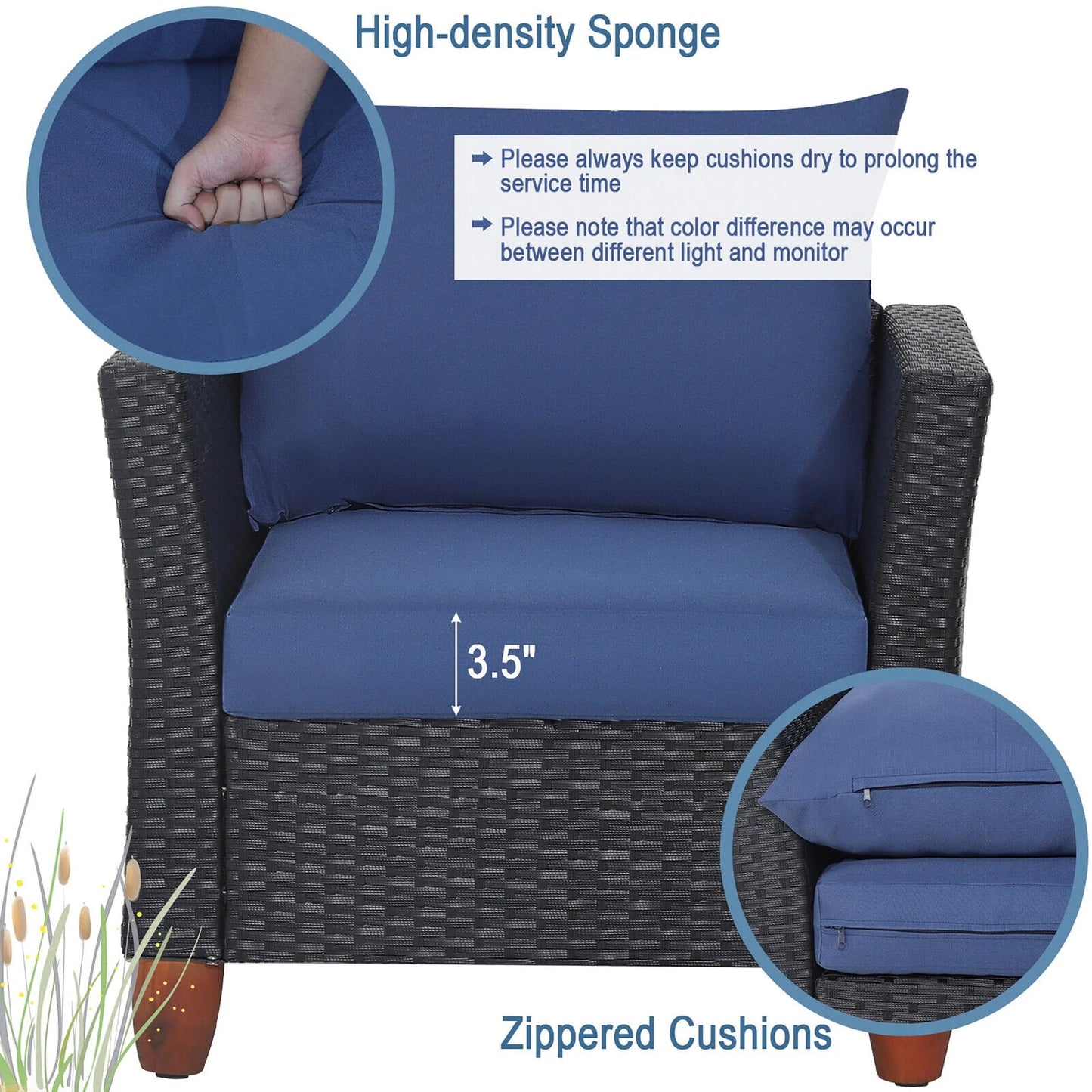 Gymax 3PCS Patio Rattan Conversation Set Outdoor Furniture Set w/Navy Cushions