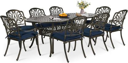 9-Piece Patio Dining Set, Outdoor Patio Table and Chair Set of 84? Oval Cast Aluminum Dining Table with Umbrella Hole and 8 Outdoor Dining Cushion Chairs, Patio Funiture Set for Garden, Navy