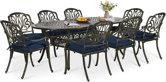 9-Piece Patio Dining Set, Outdoor Patio Table and Chair Set of 84? Oval Cast Aluminum Dining Table with Umbrella Hole and 8 Outdoor Dining Cushion Chairs, Patio Funiture Set for Garden, Navy