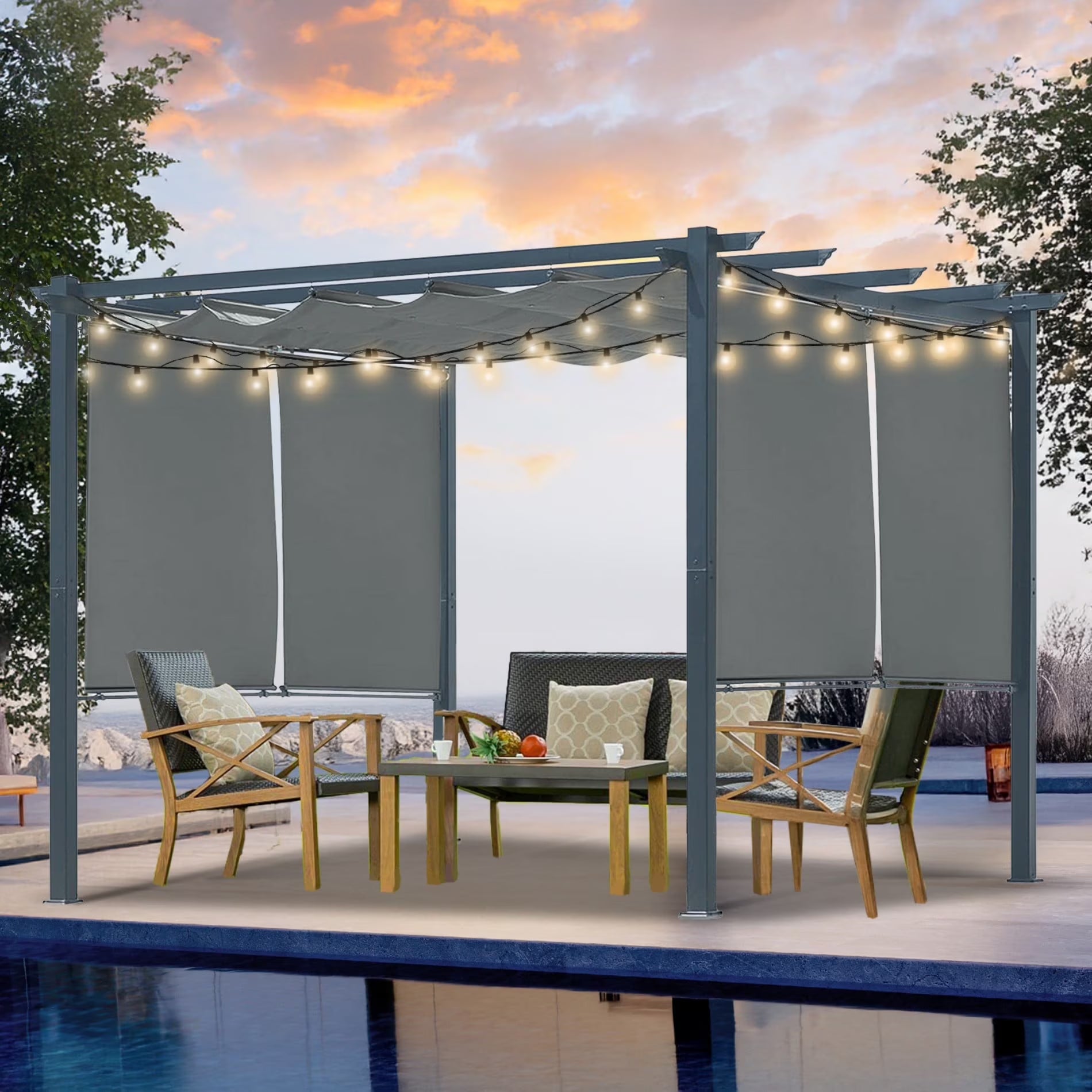 BPS 10'x10' Outdoor Retractable Pergola with Sun Shade Canopy & Curtains, Patio Aluminum Pergola Gazebos for Backyard Deck Garden, Dark Gray