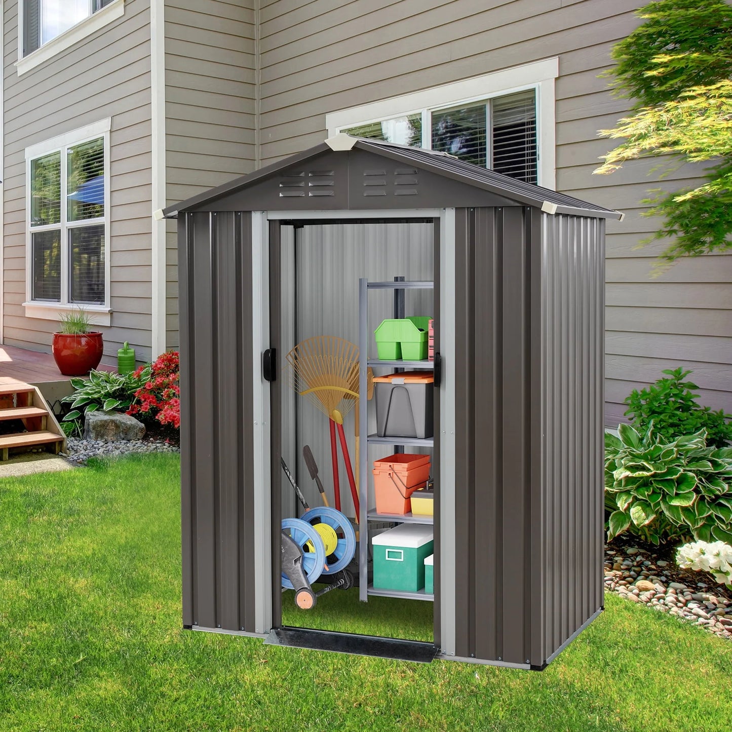 Sobaniilo 5'x 3'x 6' FT Outdoor Storage Metal Shed with Lockable Door, Tools Storage Shed Clearance, Outdoor House for Backyard Patio, Lawn and Garden, Gray
