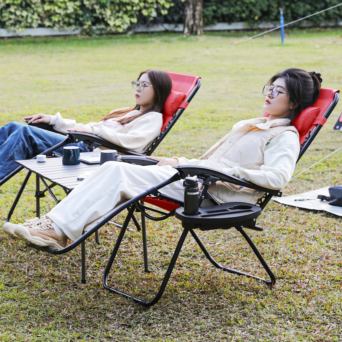 Magshion 2PCS Zero Gravity Foldable Chairs Set Adjustable Recliners with Pillow Outdoor Lounge Chaise Built-in Cup Holder for Camping Patio Porch Beach Backyard Garden, Red