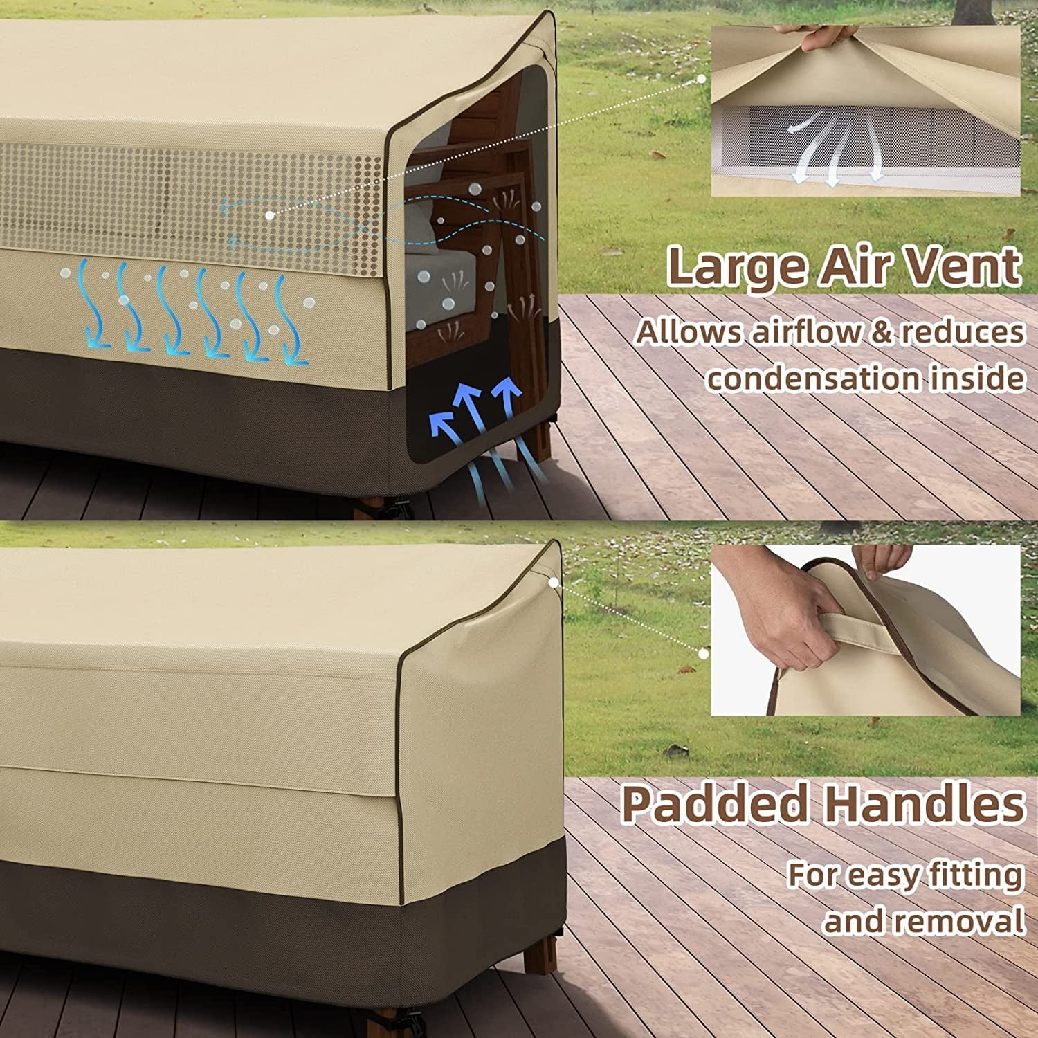 Waterproof Outdoor Couch Cover, 600D Heavy Duty 3-Seater Patio Sofa Cover, 80-Inch Patio Furniture Covers with Large Air Vent (80" x 38" x 35", Brown & Khaki)
