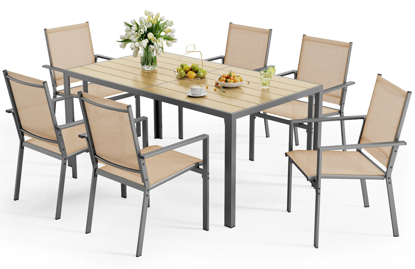 Outdoor Dining Set, Lofka 7 Piece Patio Dining Table Set for 6 Persons with Cool Textilene Armchairs for Backyard & Garden, Brown