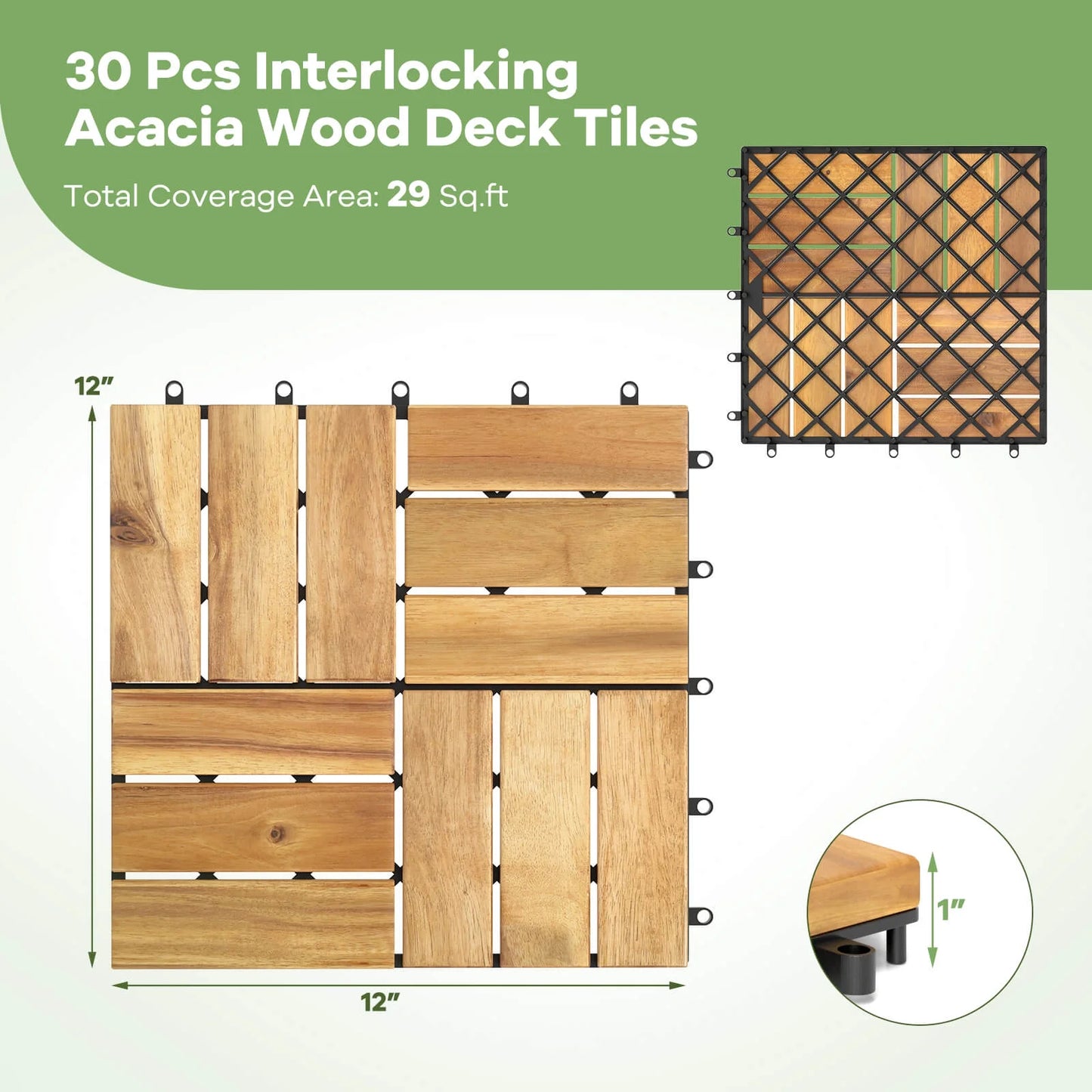 Costway 30 PCS Interlocking Flooring Tiles Floor Decking for Patio Acacia Wood Outdoor