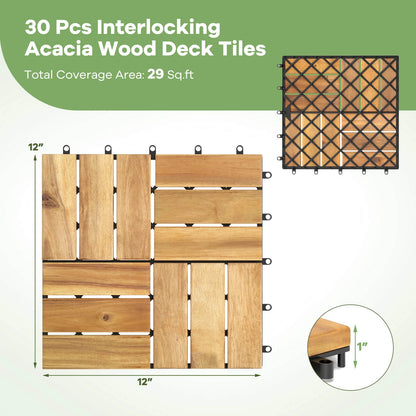 Costway 30 PCS Interlocking Flooring Tiles Floor Decking for Patio Acacia Wood Outdoor