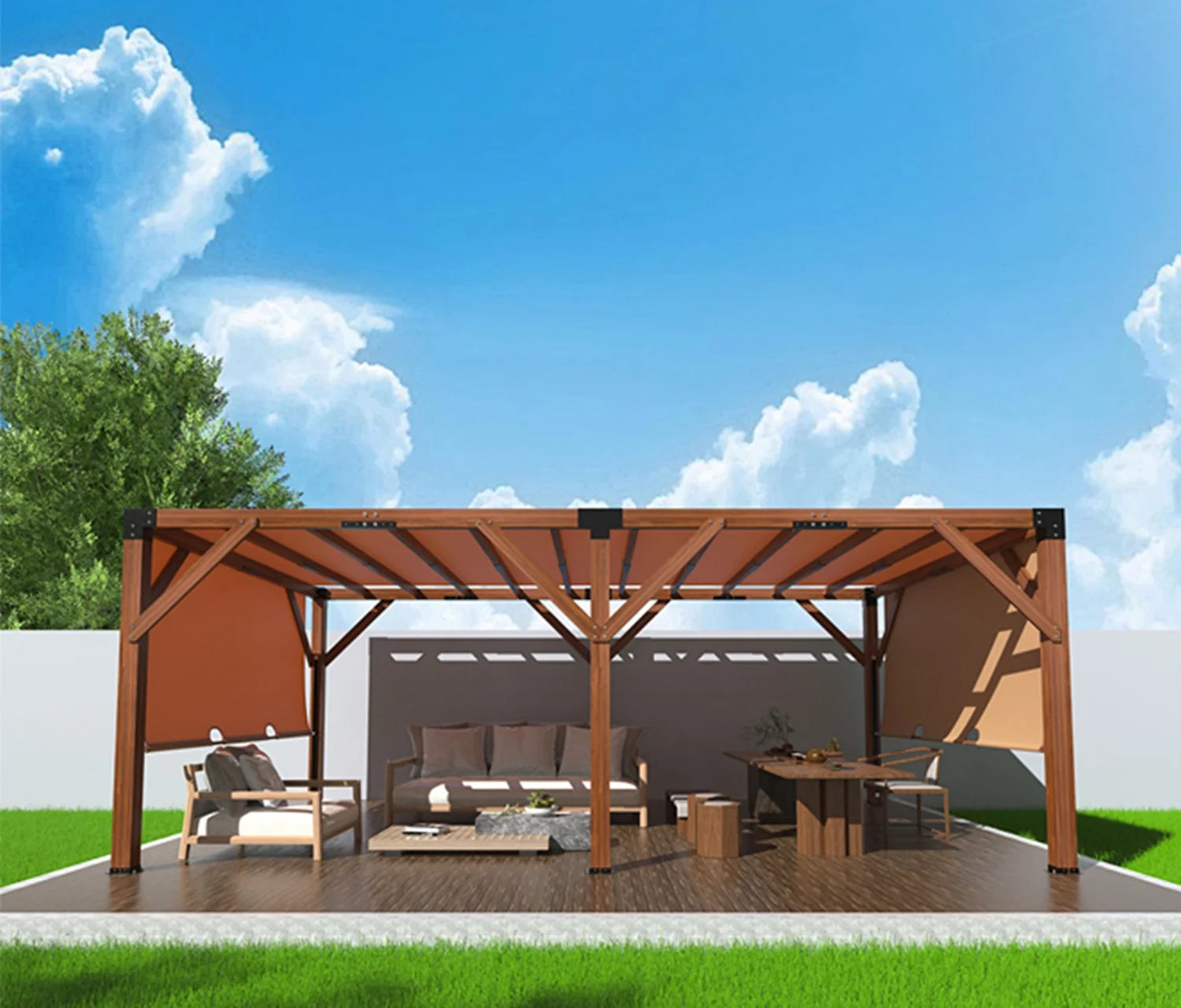Pinypikaka 12x20ft Wood Pergola, Outdoor Retractable Shade Canopy for Patio Backyard Deck Garden, Reddish-brown