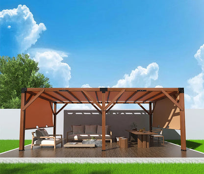 Pinypikaka 12x20ft Wood Pergola, Outdoor Retractable Shade Canopy for Patio Backyard Deck Garden, Reddish-brown