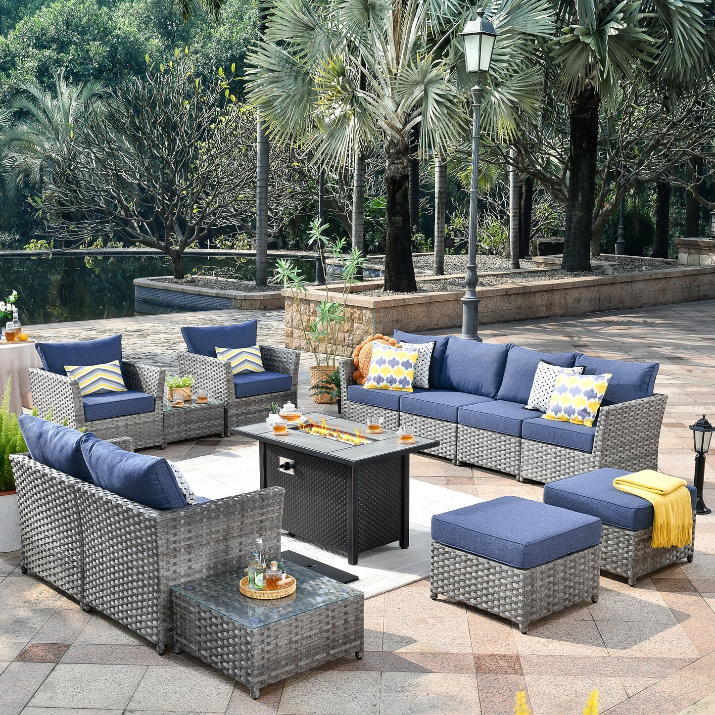 Vcatnet Patio Furniture Sets with 42" Fire Pit Table 13 Pieces Sectional Sofa All Weather PE Rattan Wicker Conversation Set with Ottoman for Porch, Backyard, Beige