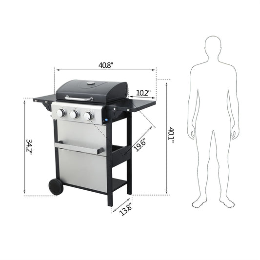 HighSound 3 Burner BBQ Propane Gas Grill, Stainless Steel 25650 BTU Patio Garden Barbecue Grill with Wire Enamel Cooking Grids & Foldable Shelves, Black
