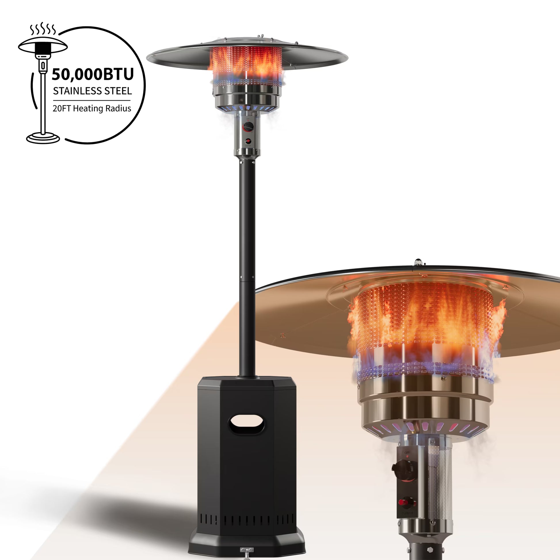 50000 BTU Propane Patio Heater with 20ft Heating Radius, Outdoor Heavy Duty Heater with Wheels & Adjustable Thermostat, Commercial & Residential Use, Freestanding Heater for Yard& Porch