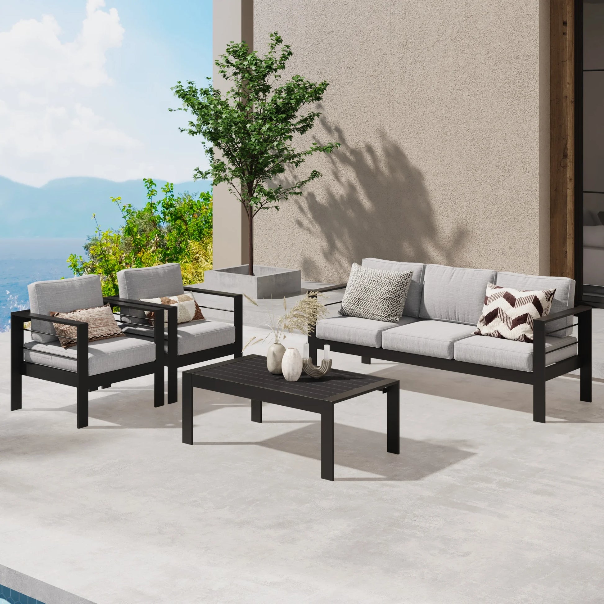 Superjoe Aluminum Outdoor Furniture Set 4 Pcs Patio Conversation Sofa Set with Coffee Table,Gray