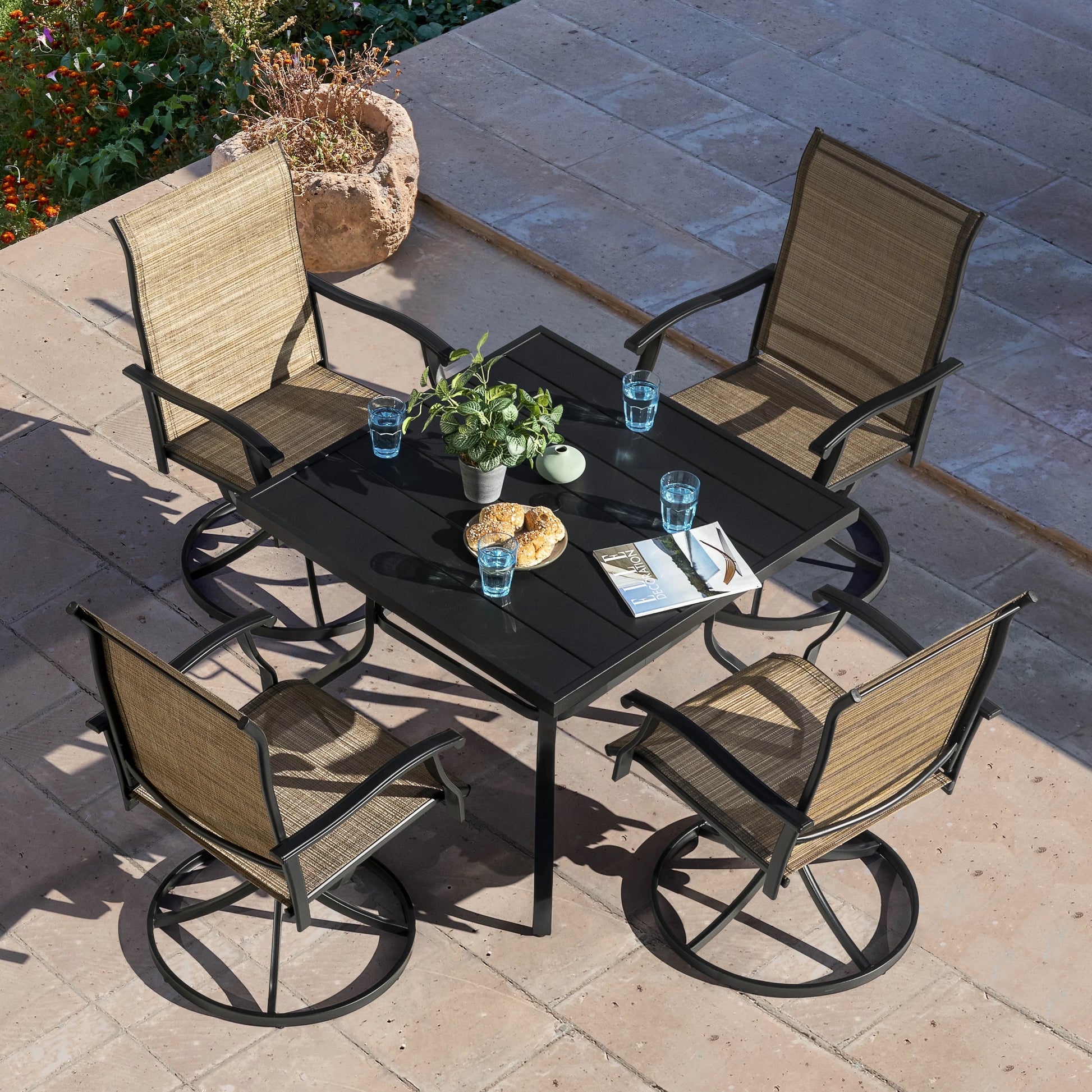 Nuu Garden 5 Piece Outdoor Patio Dining Set, Metal Patio Furniture Set 4 Textilene Swivel Chairs and 37" Square Iron Umbrella Dining Table,Black and Brown