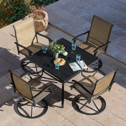Nuu Garden 5 Piece Outdoor Patio Dining Set, Metal Patio Furniture Set 4 Textilene Swivel Chairs and 37" Square Iron Umbrella Dining Table,Black and Brown