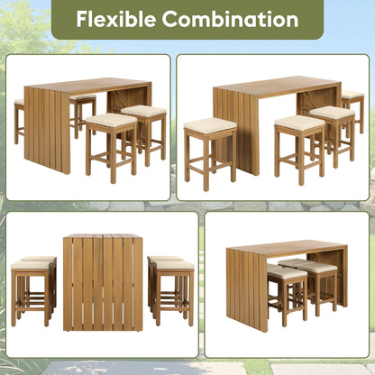 Kumix 5 Piece Outdoor Bar Set, Patio Acacia Wood Bar Height Table & Four Stools with Cushions, Wood Dining Bar Set for Backyard, Poolside, Balcony, Beige