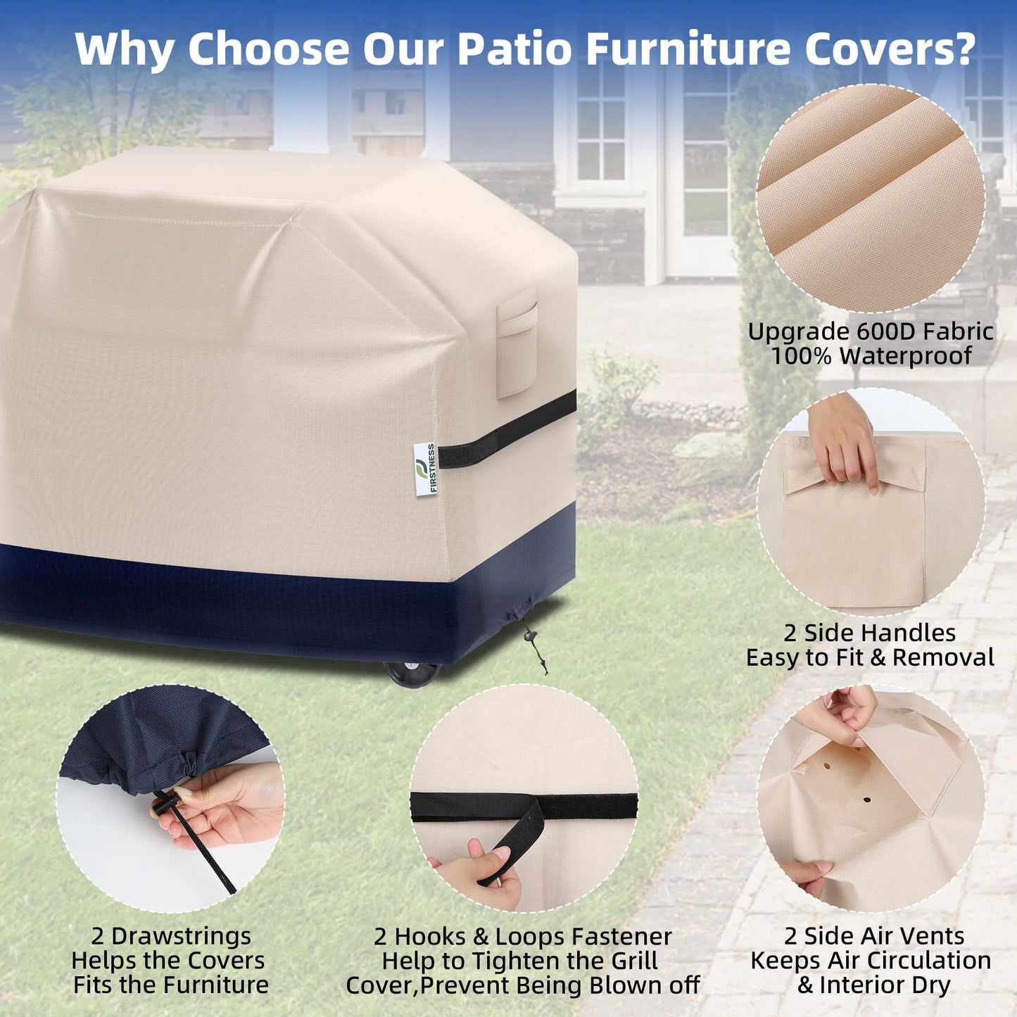 Firstness Patio BBQ Grill Covers 58 inch,600D Heavy-Duty Waterproof Outdoor Gas Grill Cover for Weber Char-Broil Nexgrill and More Grills,58" x 26" x 41"( Beige & Navy)