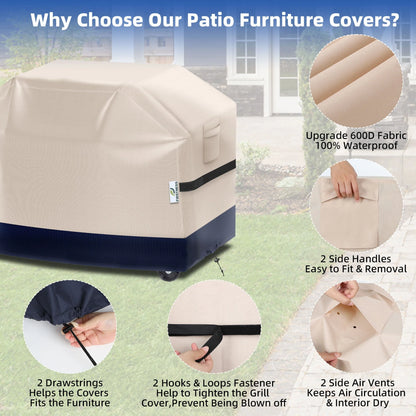 Firstness Patio BBQ Grill Covers 58 inch,600D Heavy-Duty Waterproof Outdoor Gas Grill Cover for Weber Char-Broil Nexgrill and More Grills,58" x 26" x 41"( Beige & Navy)