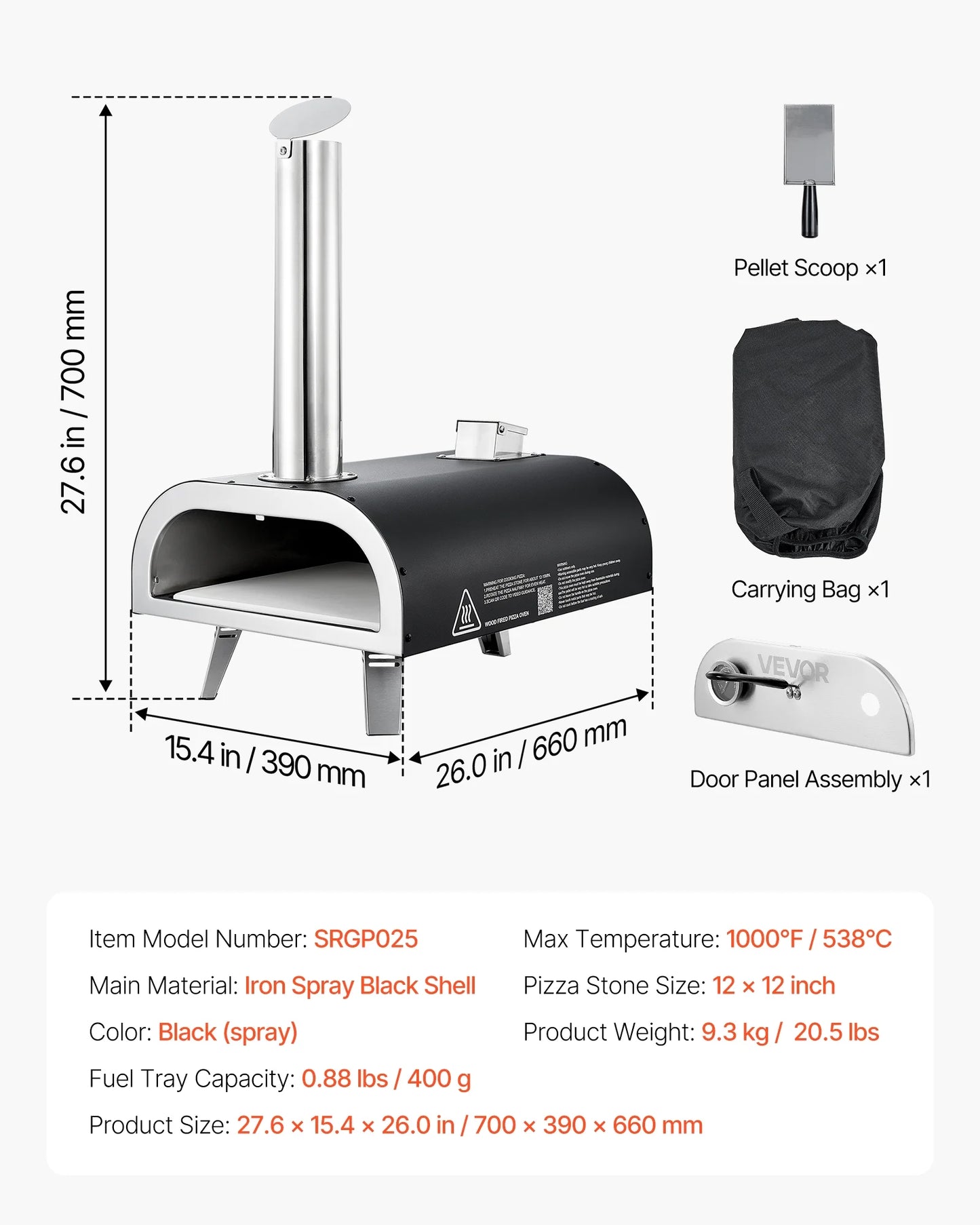 VEVOR Outdoor Pizza Oven, 12 Inch Wood Fired Pizza Ovens, Pellet Pizza-Stove with Thermometer, Portable Pizza-Maker for Outside Backyard Patio Camping, Pizza-Stone, Carry Bag, Shovel, Black