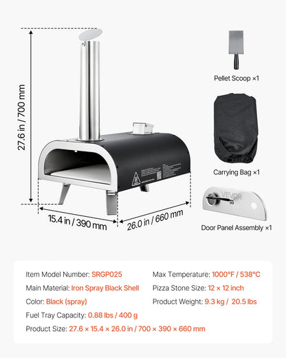 VEVOR Outdoor Pizza Oven, 12 Inch Wood Fired Pizza Ovens, Pellet Pizza-Stove with Thermometer, Portable Pizza-Maker for Outside Backyard Patio Camping, Pizza-Stone, Carry Bag, Shovel, Black