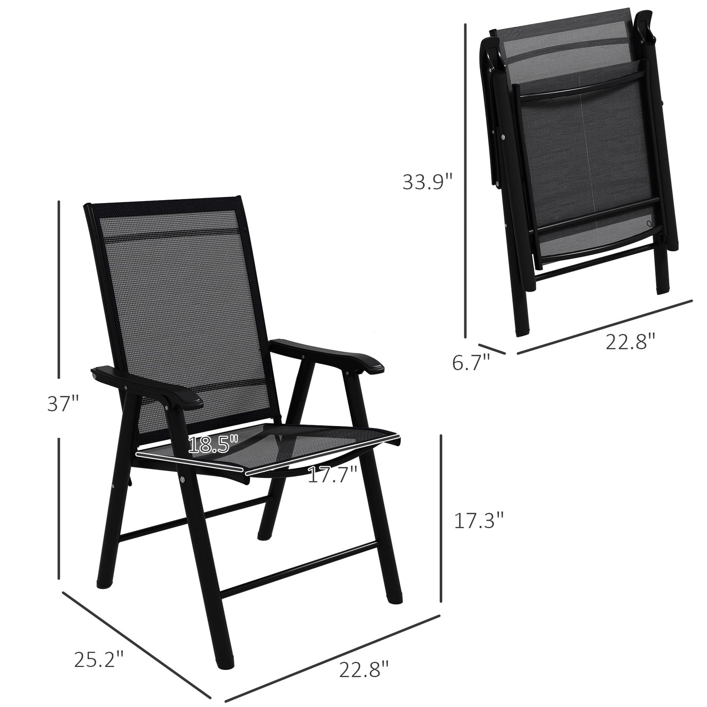 4 Patio Folding , Stackable Outdoor Sling Chairs With For Lawn, Camping, Dining, Beach. Metal Frame, No Assembly, Black. 22.87" L X 25.15" W 37" H, 242 Lbs Load-supporting Ability Frame Structure,