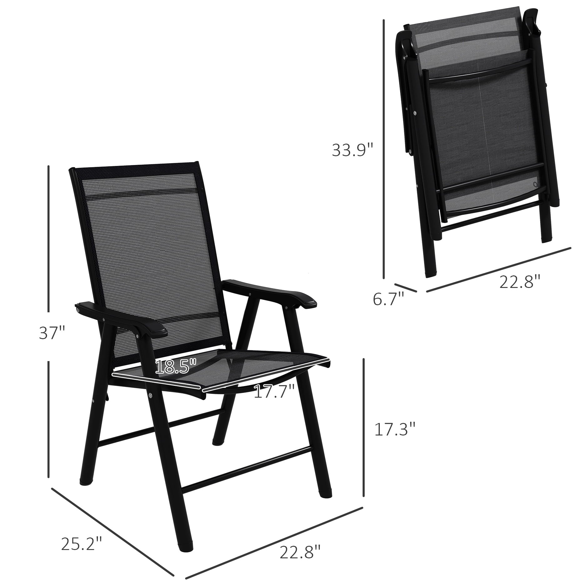 4 Patio Folding , Stackable Outdoor Sling Chairs With For Lawn, Camping, Dining, Beach. Metal Frame, No Assembly, Black. 22.87" L X 25.15" W 37" H, 242 Lbs Load-supporting Ability Frame Structure,