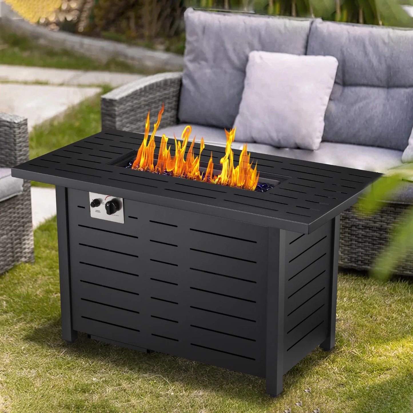 KNDKO 43" Outdoor Propane Fire Pit Table - 50,000 BTU Auto-Ignition Gas Fire Table with Lid, Weather-resistant Backyard Heater for Patio, Deck & Garden