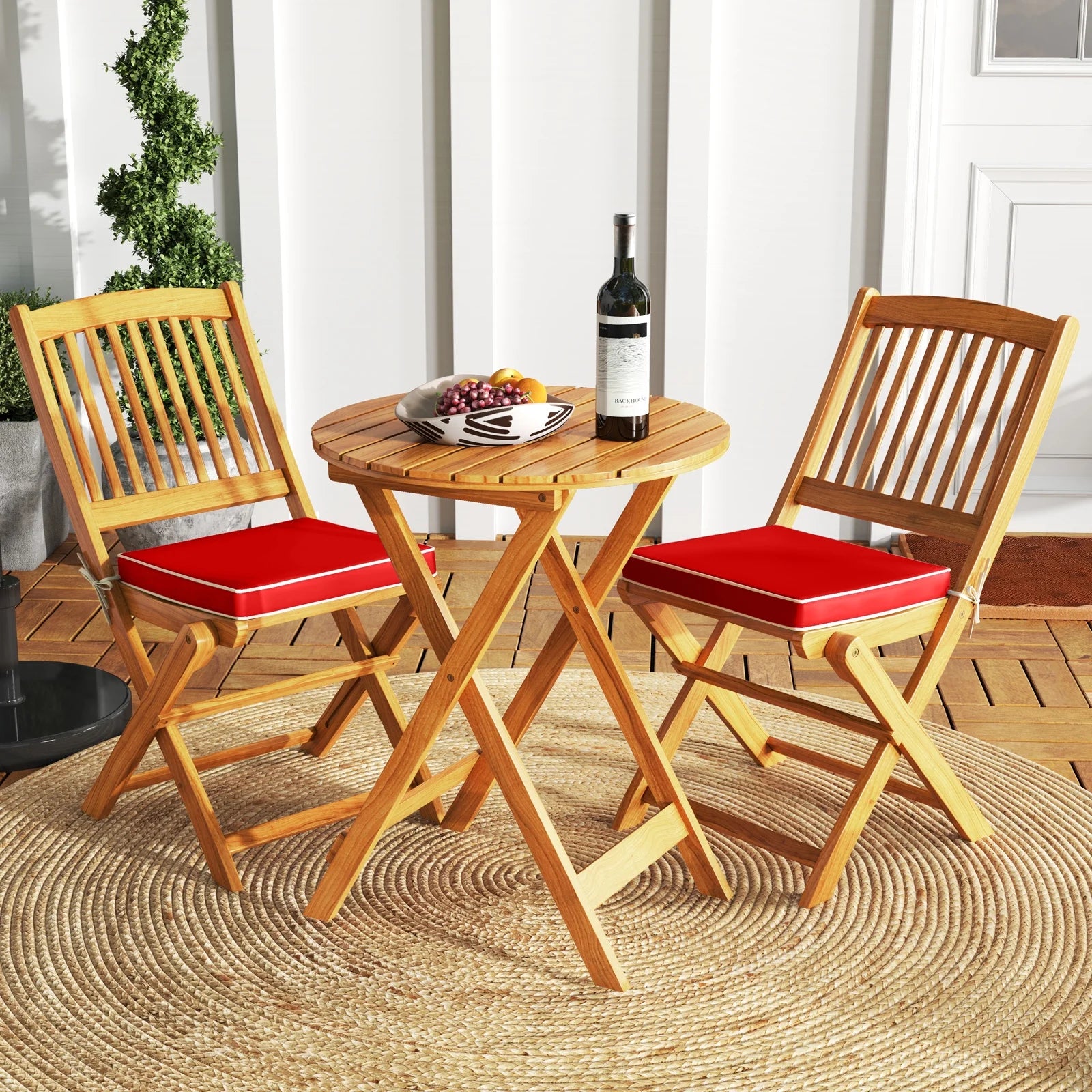 Topbuy Patio Folding Chair Set of 4 Portable Acacia Wood Dining Chairs with High Back & Seat Cushions Navy