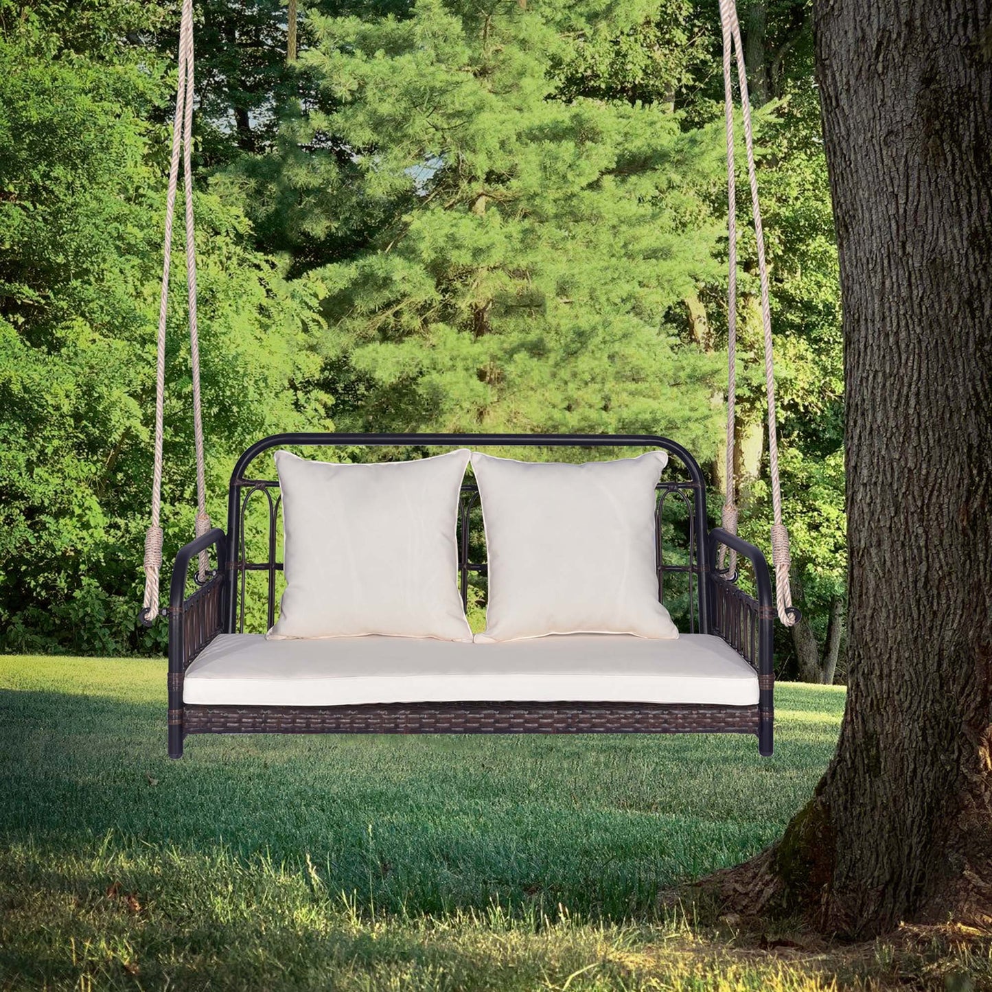 Costway Patio Swing Chair 2-Person Hanging Seat Outdoor Wicker Loveseat Cushioned Porch