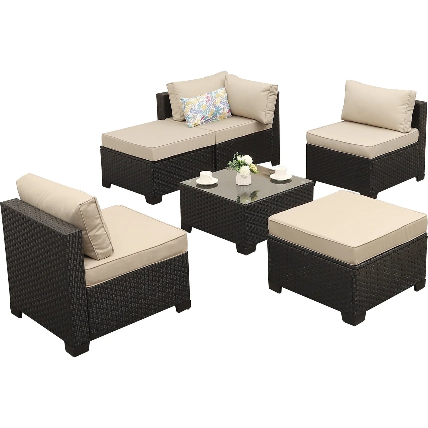 Waroom Outdoor Wicker Sofa Set 6-Piece Patio Sectional Furniture Set, Khaki