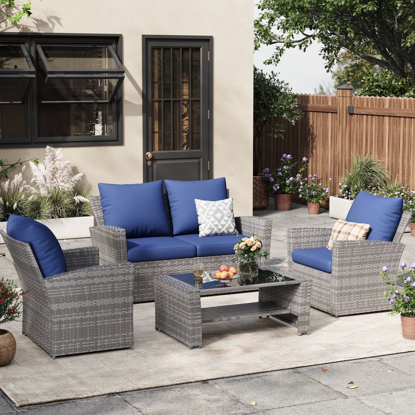 ELPOSUN Wicker Patio Furniture Set, 4 Piece Outdoor Sectional Conversation Sets, Gray PE Rattan Patio Sofa Set for Balcony, Porch, Backyard, Grey
